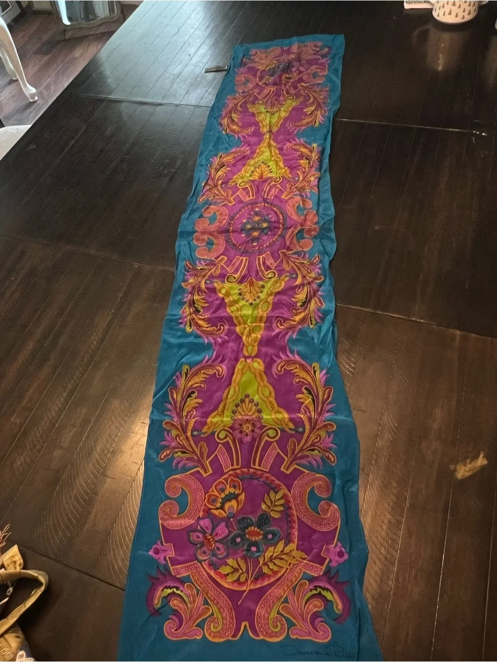 Oscar de la Renta Teal, Magenta & Yellow Silk Scarf